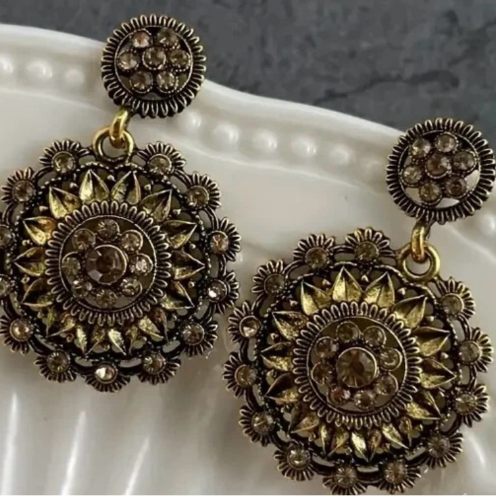 Gold Rhinestone Statement Earrings Floral Drop Dangle Vintage Style NIB